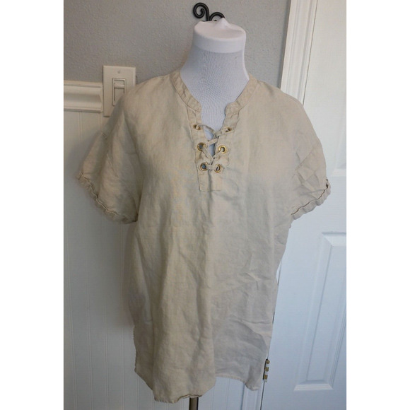 ELLEN TRACEY SHIRT 1/4 BRAID PULLOVER LINEN CREAM SOLID WOMEN S SIZE XL - Picture 1 of 11
